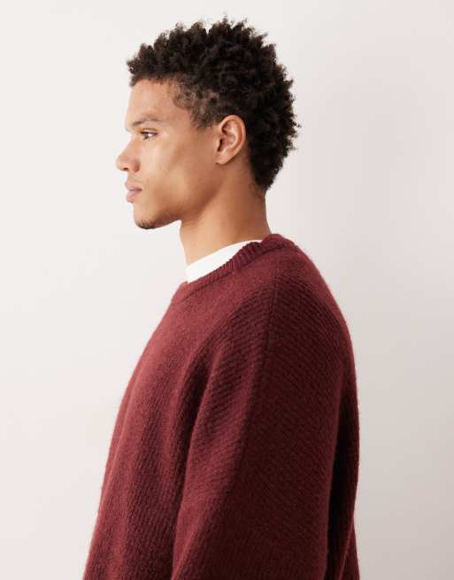 ASOS DESIGN super oversized boxy fit rib knit fisherman sweater in burgundy