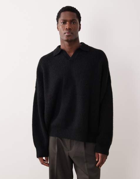 ASOS DESIGN super oversized boxy fit rib knit notch neck fisherman sweater in black - view 1