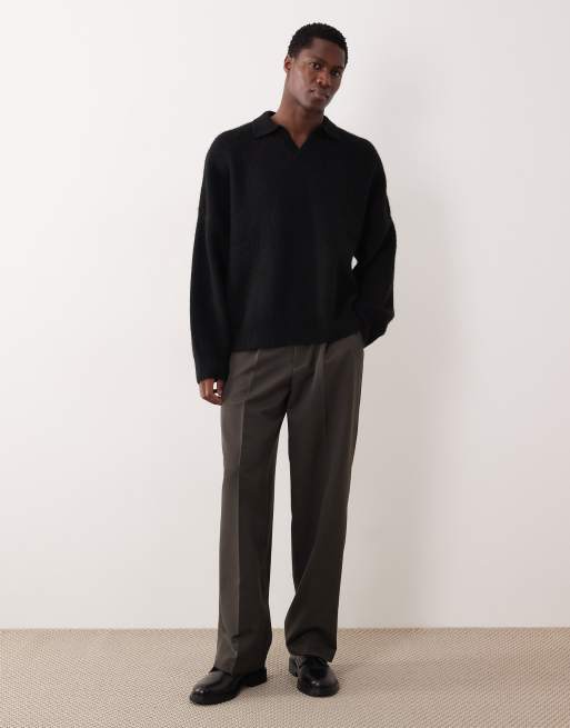 ASOS DESIGN super oversized boxy fit rib knit notch neck fisherman sweater in black