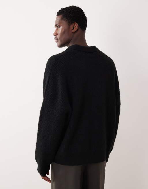 ASOS DESIGN super oversized boxy fit rib knit notch neck fisherman sweater in black