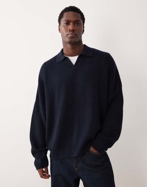 ASOS DESIGN super oversized boxy fit rib knit notch neck fisherman sweater in navy - view 1
