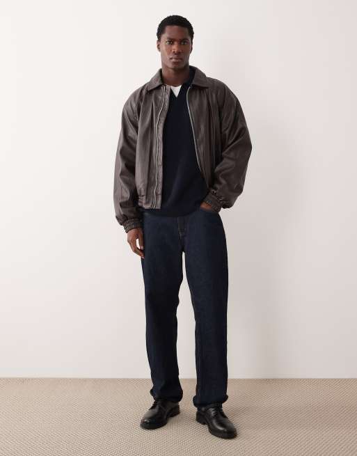 ASOS DESIGN super oversized boxy fit rib knit notch neck fisherman sweater in navy