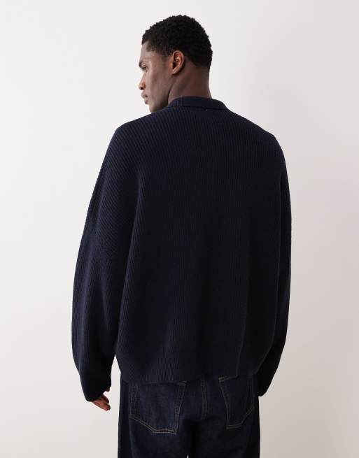 ASOS DESIGN super oversized boxy fit rib knit notch neck fisherman sweater in navy