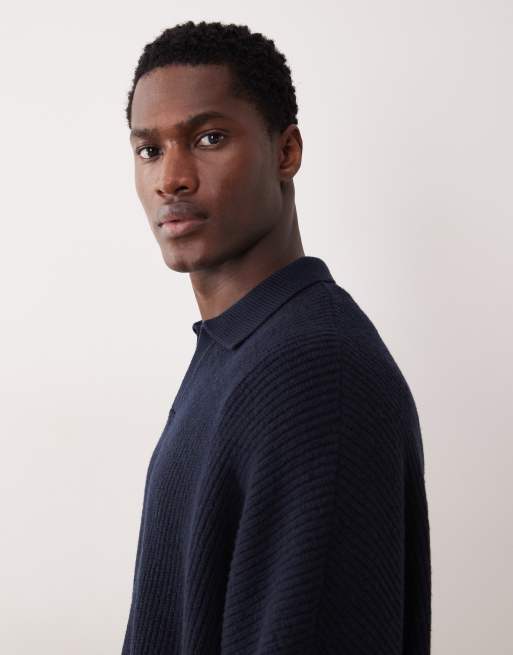 ASOS DESIGN super oversized boxy fit rib knit notch neck fisherman sweater in navy