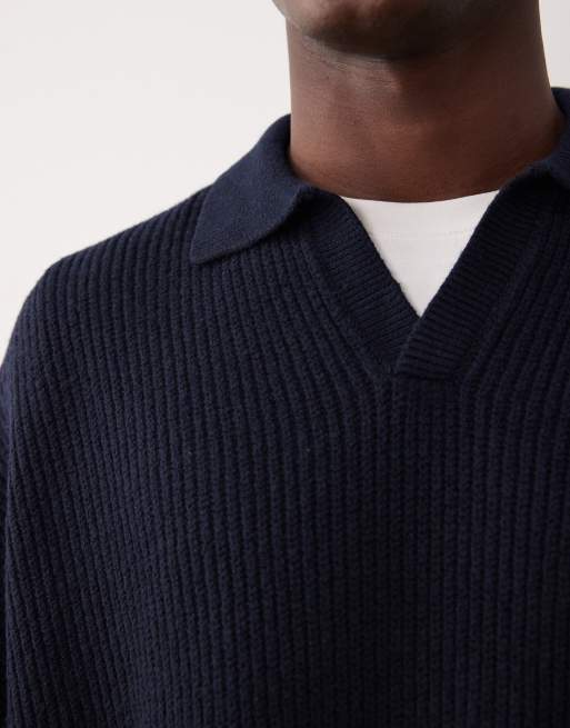 ASOS DESIGN super oversized boxy fit rib knit notch neck fisherman sweater in navy, 5 of 5