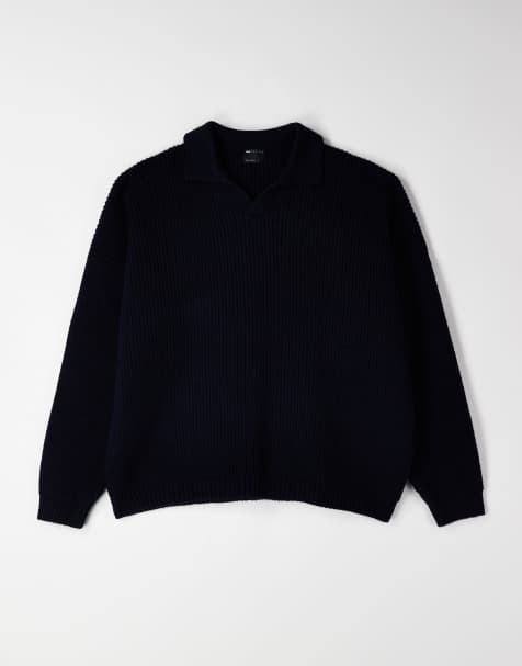ASOS DESIGN super oversized boxy fit rib knit notch neck fisherman sweater in navy - view 1