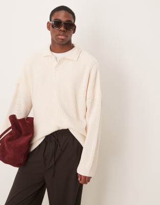 Asos Design Super Oversized Boxy Fit Ribbed Knit Polo In Neutral