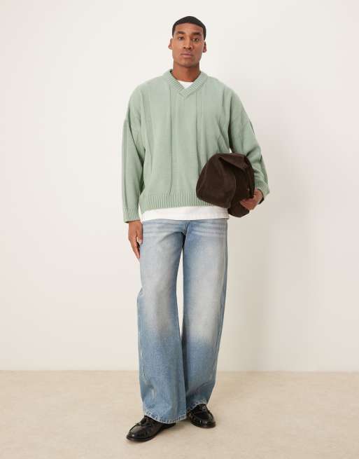 ASOS DESIGN super oversized boxy fit ribbed knitted v neck jumper in sage green, 2 of 4