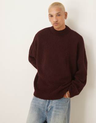ASOS DESIGN ASOS DESIGN super oversized boxy fit textured knitted funnel neck jumper in burgundy