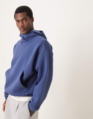 super oversized boxy funnel neck hoodie in heavyweight brushed rib in blue