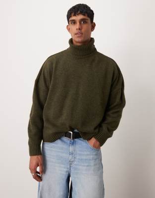 Asos Design Super Oversized Boxy Knit Turtleneck Sweater In Khaki-green