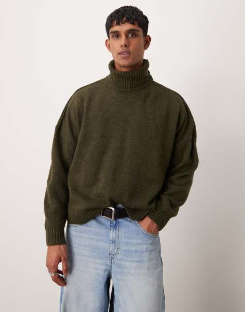 ASOS DESIGN super oversized boxy knit turtleneck sweater in khaki - view 1