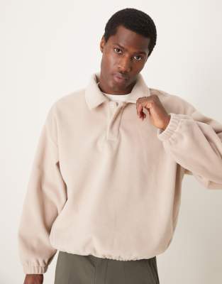 super oversized boxy polo sweater in textured fleece in ecru-Neutral