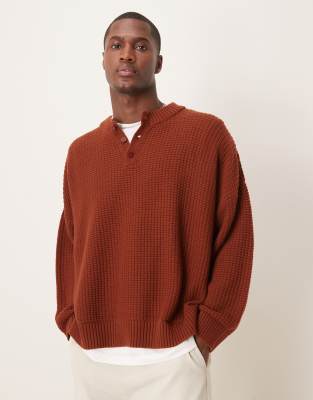 Asos Design Super Oversized Boxy Sweater With Henley Neck In Red