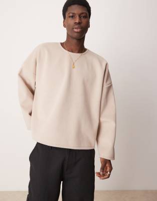 super oversized boxy sweatshirt in textured fleece in beige-White