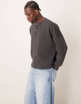 Asos Design Super Oversized Boxy Sweatshirt With Henley Neck In Charcoal Heather-gray