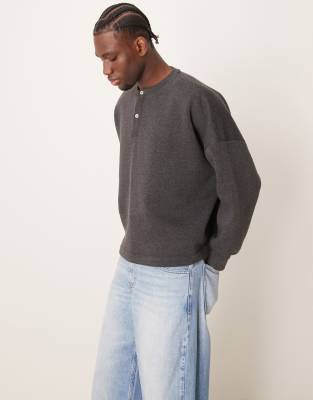 super oversized boxy sweatshirt with henley neck in charcoal heather-Gray