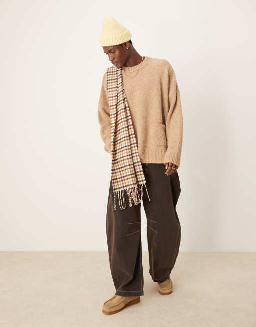 ASOS DESIGN super oversized boxy textured knitted jumper with pocket in beige - BEIGE, 4 of 4