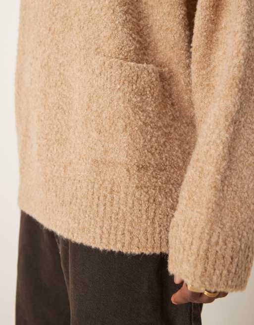 ASOS DESIGN super oversized boxy textured knitted jumper with pocket in beige, 3 of 4