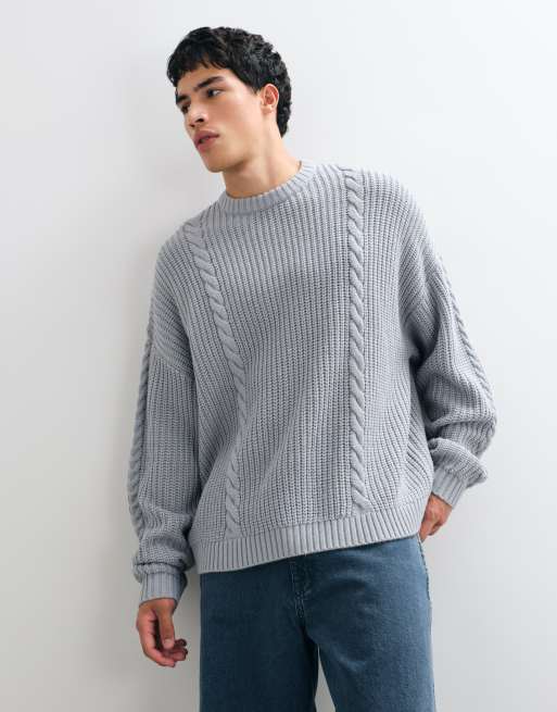 ASOS DESIGN super oversized cable knit henley in blue, 4 of 5