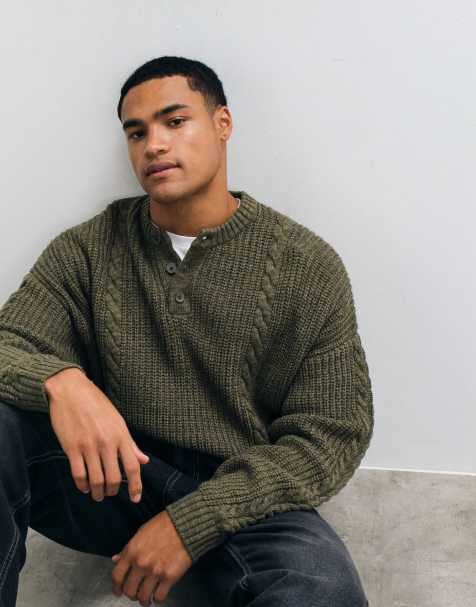 ASOS DESIGN super oversized cable knit henley in green - view 1
