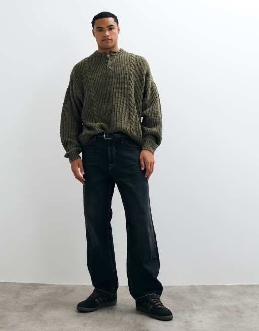 ASOS DESIGN super oversized cable knit henley in green, 2 of 5