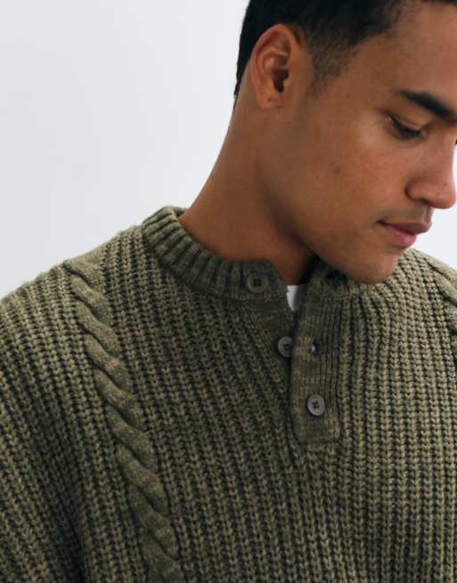 ASOS DESIGN super oversized cable knit henley in green, 3 of 5