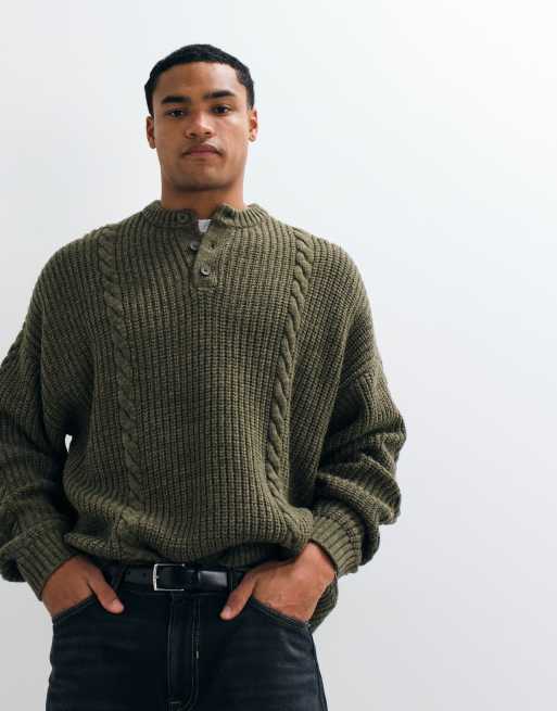 ASOS DESIGN super oversized cable knit henley in green, 4 of 5