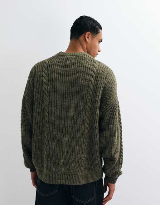ASOS DESIGN super oversized cable knit henley in green, 5 of 5