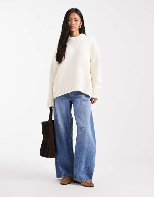 ASOS DESIGN oversized crew neck jumper with curved hem in clean yarn in cream