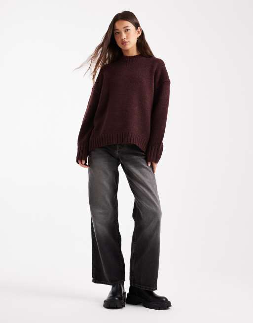 ASOS DESIGN super oversized chunky crew neck sweater with curved hem in burgundy