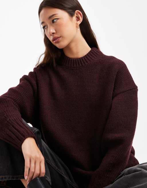 ASOS DESIGN super oversized chunky crew neck sweater with curved hem in burgundy