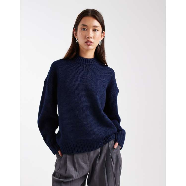 トップス STONE  トップス Stone Navy Knitted Crewneck Ribbed crew-neck
