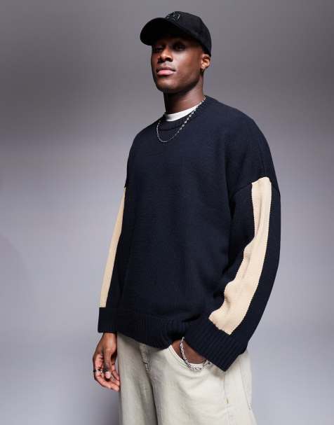 ASOS DESIGN super oversized crew neck knitted jumper with arm stripe detailing in navy - view 1