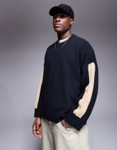 Asos Design Super Oversized Crew Neck Sweater With Arm Stripe Detailing In Navy