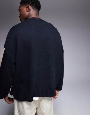 Asos Design Super Oversized Crew Neck Sweater With Arm Stripe Detailing In Navy
