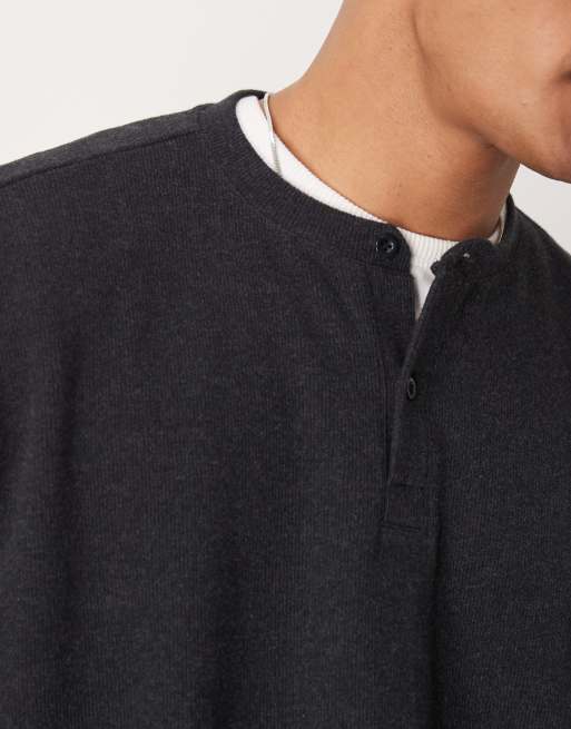 ASOS DESIGN super oversized cropped heavyweight rib henley jumper in charcoal grey, 2 of 4