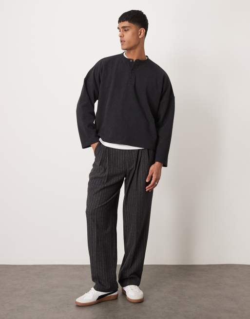 ASOS DESIGN super oversized cropped heavyweight rib henley jumper in charcoal grey, 3 of 4