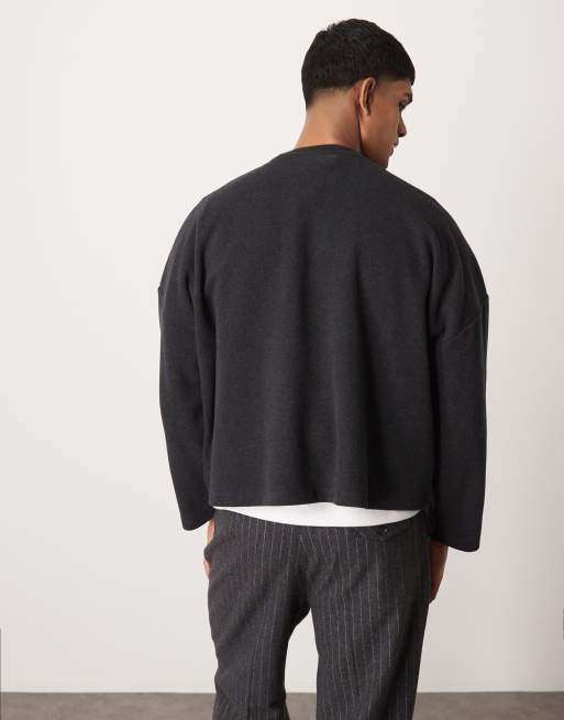 ASOS DESIGN super oversized cropped heavyweight rib henley jumper in charcoal grey, 4 of 4