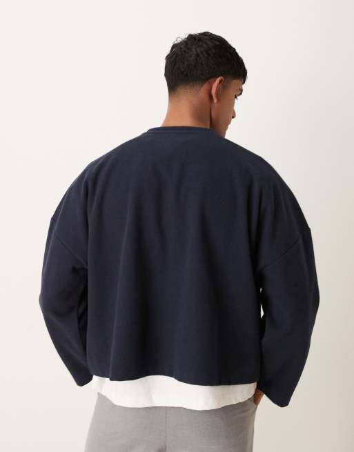 ASOS DESIGN super oversized cropped heavyweight rib henley jumper in navy, 4 of 4