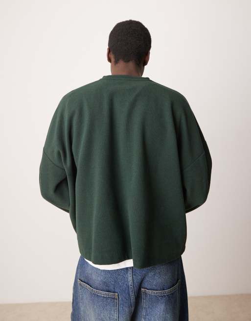 ASOS DESIGN super oversized cropped heavyweight rib henley sweater in dark green