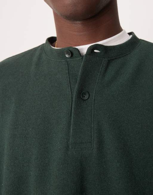 ASOS DESIGN - Super oversized cropped Henley trui van zware geribbelde stof in donkergroen, 3 van 4