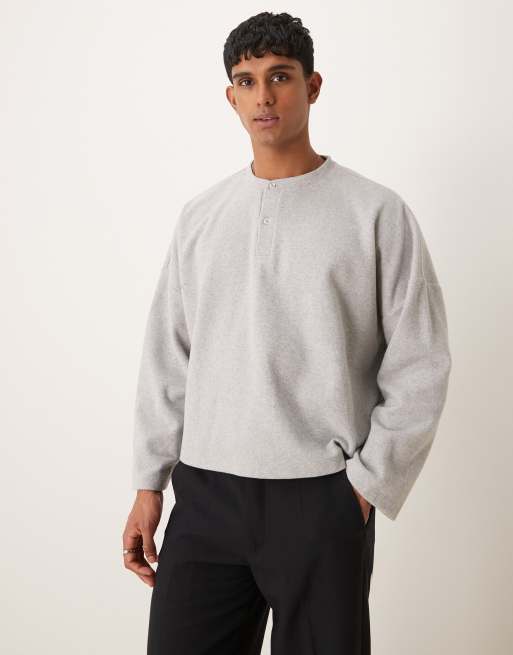 ASOS DESIGN - Super oversized cropped henley-trui van zware geribbelde stof in gemêleerd grijs