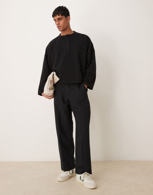 ASOS DESIGN - Super oversized cropped henley-trui van zware geribbelde stof in zwart, 2 van 4