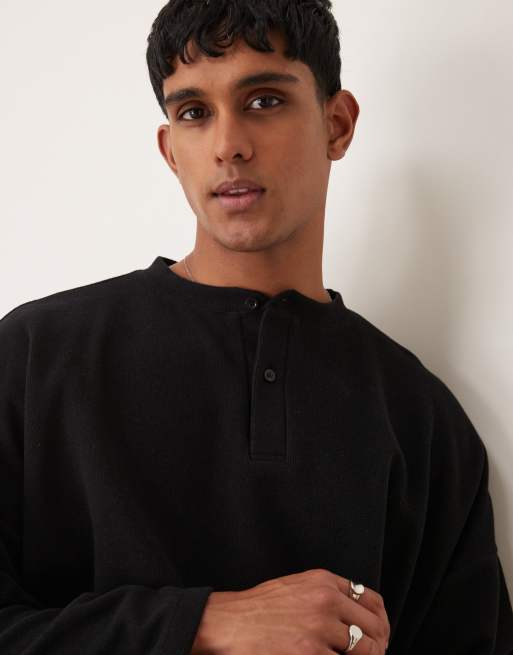 ASOS DESIGN - Super oversized cropped henley-trui van zware geribbelde stof in zwart, 3 van 4