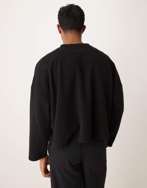 ASOS DESIGN - Super oversized cropped henley-trui van zware geribbelde stof in zwart, 4 van 4