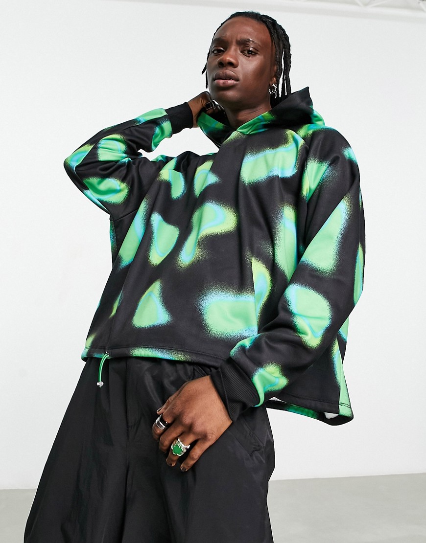 ASOS DESIGN super oversized cropped hoodie in all over blur print with toggles-Black
