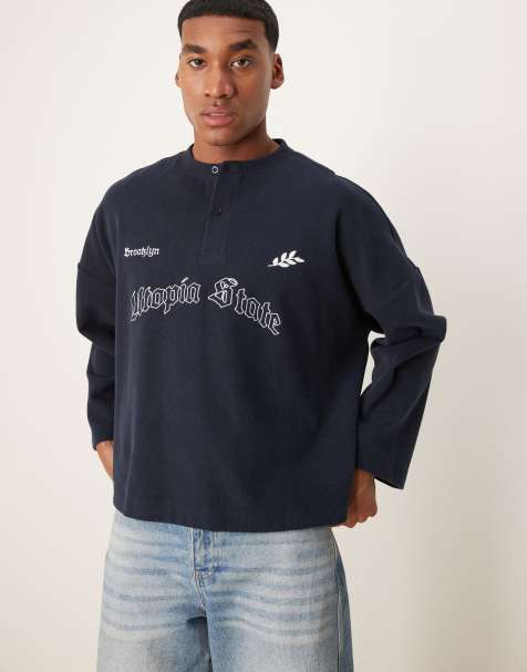 ASOS DESIGN super oversized cropped lightweight jumper with henley neck and print in navy - view 1