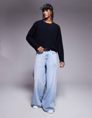 Asos Design Super Oversized Cropped Lightweight Sweater In Navy