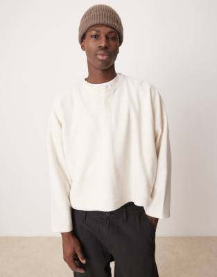 ASOS DESIGN super oversized cropped long sleeve t-shirt in brushed waffle with henley neck in off white - view 1